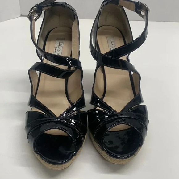 Lk Bennet Maggie Sandal Wedge Espadrilles Patent Leather Heels Black 39.5 US 9 - Picture 3 of 11
